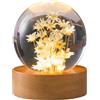 luolety Lampada notturna con sfera di cristallo a forma di fiore, lampada a sfera in vetro da 6 cm con base in legno con luce a LED per campioni di fiori con ricarica USB (margherita gialla)
