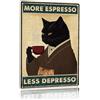 ahee Targa da parete vintage con gatto nero con scritta More Espresso Less Depresso (lingua italiana non garantita)
