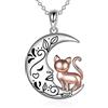 YAFEINI Collana con Gatto per Donna, Ciondolo a Forma di Gatto con Luna in Argento Sterling, Regalo di Gioielli con Fiore di Rosa (Platino e oro rosa)