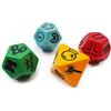 BESCON DICE Bescon's Dungeon and Wilderness Terrain, Dungeon Feature and Treasure Type Dice Set, 4 piece Proprietary Polyhedral RPG Dice Set, Red, Green, Yellow with Black print