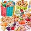 LAUGIGLE Set di 86 pezzi di cibo in paglia di grano per bambini, cibo per cucina giocattolo con 2 cestini e coperta da picnic, pizza realistica da tagliare, lattine di generi alimentari, accessori per