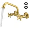 Nastopee Rubinetto Bagno Lavabo a Muro in Ottone Anticato, Vintage Miscelatore Lavello Cucina a Parete, Girevole 360° Doppia Manopola per Rubinetto Cucina e Bagno, Bocca 25 cm