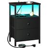 AMHANCIBLE Comodino con Stazione di Ricarica, Tavolino con Luci LED, 2 Cassetti in Tessuto, 2 Prese AC 2 Porte USB, Ripiano Aperto, Comodini Camera da Letto Soggiorno Studio, Nero HETS02BK-1