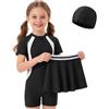 Keyck Costume da Bagno Intero per Ragazze 3 in 1 Maniche Corte Costume da Bagno con Gonnellina e Cuffia Asciugatura Rapida Costumi da Bagno Spiaggia Piscina Surf per Bambini 8-9 Anni, Nero