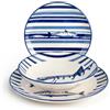 H&H Puerto Servizio Tavola 18 Pezzi in Stoneware - Set Piatti Decorati Blu e Azzurro con Motivo Pesce - Lavabile in Lavastoviglie, Perfetto per Estate, Case al Mare e Cene a Tema