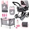 Bayer Design 18333AC carrozzina per bambole, trasformabile, regolabile in altezza, accessori, borsa, lettino da viaggio, marsupio, sacco a pelo, grigio jeans, rosa, unicorno