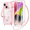 Yirlbey 360 Gradi Cover per iPhone 14 6,1'' con Cordino, Aesthetic Butterfly Modello Design Trasparente Silicone Case Corda con Regolabile Laccio Antiurto Antigraffio Bumper Protezione Custodia, Rosa