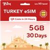 TSIM eSIM prepagata Turchia per viaggi | 30 giorni 5GB 5G Velocità | Hotspot consentito | Codice QR eSIM inviato via e-mail entro 24 ore dalla spedizione | Scansiona il codice QR e utilizza