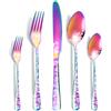XIAOYU 5 pezzi set di argenteria, set di posate nere, set di posate lucidate a specchio in acciaio inossidabile, set di coltelli forchette cucchiai con unico laser floreale, arcobaleno