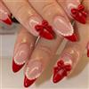 TESGADGETS 24 pezzi Unghie finte a mandorla adesive di medie dimensioni rosse design Stiletto con punta French, fiocco 3D e perle, lucide in acrilico, per San Valentino