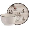 H&H Set 2 Tazze da Tè/Cappuccino in Stoneware 200cc con Piattino - Decoro Retro Skier, Beige Puntinato con Bordo Nero, Piattino con Piste e Sciatori Innevati, Perfette per l'Inverno