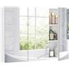 HOMCOM Armadietto da bagno a parete con specchio, 91,5x11,5x65 cm, mobile da bagno, armadietto WC con 3 ante a specchio e 4 ripiani regolabili, Bianco