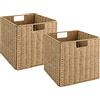 Vagusicc Set di 2 cestini portaoggetti in vimini, intrecciati a mano, con manici, pieghevoli, cubi, 22,9 cm, per dispensa, camera da letto, organizer e decorazione, naturale