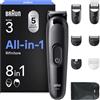 Braun Rifinitore All-in-One Series 3, Rasoio Elettrico Barba e Capelli 8in1, Lama Ultra Affilata, Rasoio Elettrico Corpo Uomo, 14 Lunghezze, 50 Min. di Autonomia, Styling Facile Viso e Capelli,Aio3545