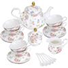 fanquare Servizio da tè da 21 pezzi in colori pastello con dettagli in rilievo, set da caffè in porcellana vintage con finiture dorate, 6 tazze e piattini da donna, snack