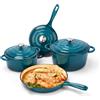 Denmay Set di pentole in ghisa smaltata con coperchio, 7 pezzi, antiaderente, per tutti i tipi di fornelli e induzione, set di utensili da cucina con organizzatore, colore ciano