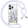 Yirlbey Cover per iPhone 15 Pro 6,1'' con Cordino, Custodia Trasparente con Fiori di Campo Disegni Aesthetic Laccio Tracolla Corda, Protective Case Rigida Collana Antiurto Sottile per Ragazza, 01