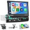 Fuluku 1 Din Autoradio con Wireless Carplay Android Auto, 7 Pollici Schermo Motorizzato a Scomparsa Radio con Bluetooth/Doppia Porta USB/FM/RDS/EQ/Mirror Link/Telecamera di Retromarcia/MIC