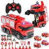 Charmofun Camion Pompieri Giocattolo Telecomandato, Autopompa Vigili del Fuoco con Luci e Suoni, Pompiere Giocattoli con Irrigatore, Trasforma Robot e Macchina Telecomandata, Regalo Bambini