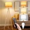 NIKYJM Lampada da Terra Treppiede in Legno Lampade da Terra Dimmerabile con E27 12W Lampadina 3 Colori Dimmerabili 3000K-6000K Piantana da Salotto con Telecomando per Soggiorno Camera Ufficio