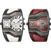 JewelryWe Orologio da polso da uomo, doppio fuso orario, in pelle, stile militare, con quadrante grande, al quarzo, per la festa del papà, 2 pezzi (bianco + rosso), giapponese