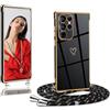 Jeelar ESONG Cover per Samsung Galaxy S24 Ultra con Tracolla,Custodia Collana con Carina Motivo Cuore per donna ragazze,Ultra Sottile silicone elettropaccato originale Shell Case con Cordino-Nero
