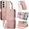 JIUNINE Cover a Libro in Pelle per Xiaomi Redmi 15, Rosa | Custodia Portafoglio in Pelle Sintetica, Stampa Floreale e Foglie, Portacarte, Tasca con Zip, Chiusura Magnetica, Supporto