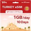 TSIM eSIM prepagata Turchia per viaggi | 10 giorni 1GB/giorno Velocità 5G | Hotspot consentito | Codice QR eSIM inviato via e-mail entro 24 ore dalla spedizione | Scansiona il codice QR e utilizza