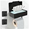 SURFOU Porta carta igienica senza foratura, con scatola per salviettine umidificate, autoadesiva, porta rotolo per WC, colore nero, 3 in 1 multifunzione, supporto per carta igienica, adatto per WC