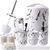 XLHOMO Set di accessori da bagno in marmo bianco con pattumiera, vassoio da toeletta, dispenser di sapone, piatto, portaspazzolino, tazza, scopino per WC e porta Qtip