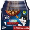 Felix Purina Felix Sensations Extras Cibo Umido per Gatti con Manzo e un Pizzico di Formaggio e con Pollo e un Pizzico di Bacon, 48 buste da 85g ciascuna