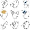 CASSIECA 9 Pezzi Anello Ansia per Donna Uomo Agitarsi Anelli per Ansia Antistress Anello Spinner Retro Anelli A Fascia Regolabile Anelli Zirconia Cubica Fiori Argento