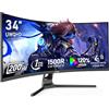 Gawfolk Monitor Ultrawide Da 34 Pollici 1500R Curvo 200Hz Monitor Per Computer Da Gioco, 21:9 UWQHD (3440x1440),128% sRGB,Adaptive Sync,Altoparlante integrato,HDMI、Display Port,VESA75×75MM - Nero