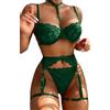 Lilosy,Set di Lingerie Sexy con Reggiseno e Slip in Pizzo Floreale con Ferretto, Push-up, Reggicalze da Donna, 3 Pezzi, Verde Militare, XX-Small