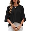 PASUDA Camicia Donna Elegante Manica a 3/4 Top Blusa a Girocollo in Chiffon Casual Camicetta Estiva Tinta Unita Manicotto Split Maglietta da Lavoro (Blu, L)