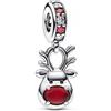 PANDORA Pendente natalizio a forma di renna Moments in argento Sterling con zirconi cubici trasparenti e rossi e vetro di Murano rosso satinato