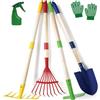 LATERN 6 Pezzi Attrezzi da Giardinaggio per Bambini, 71CM Metallo Grandi Pala Rastrello Zappa Foglie Rastrello con Manico in Legno, Annaffiatoio, Guanti - per Esterno Giardino Cortile Scavare Giocare