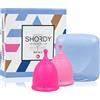 SHORDY Set di 2 tazze mestruali (Small + Large) con scatola, coppetta mestruale flessibile e posacenere per periodo, protezione fino a 12 ore, alternativa ecologica a tamponi, dischi, pastiglie (rosa)