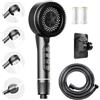 Thalire Soffione Doccia con Spazzola Massaggiante e Filtro Anticalcare - Doccetta con 4 Funzioni Getto, Kit Completo con Supporto Parete e Tubo 1,5m (Nero) - Set Completo con Risparmio Idrico