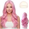 HTTDSLF Lungo Ondulato Parrucca Rosa per Donne, 65cm Parrucca Rosa Lunga Ondulé, Parrucche a Onde Lungo, Cosplay Lunga Capelli Della Signora Di Modo Festa