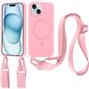 Jrkvniv Cover per iPhone 15 Plus con Cordino [Compatibile con MagSafe ] Custodia con Regolabile Laccio Collana Tracolla, Ultra Sottile Silicone Antiurto AntiGraffio Case per iPhone 15 Plus 6,7, Rosa