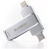BLANBOK+ MFi Certificazione 128GB Chiavetta USB per iPhone, MFi Certified, Chiavetta USB 3-in-1 Lightning e Type-C con adattatore USB 3.0 Memoria esterna per iPhone, telefono, Android, PC/Pad