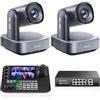 Tenveo Kit Telecamera PTZ e Controller - 2 Telecamere PTZ 4K NDI Zoom Ottico 20X + Digitale 8X, Tracking AI, HDMI/USB3.0/LAN PoE e Controller Joystick NDI con Quad-Screen da 7'' + Switch PoE