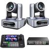 Tenveo Kit Telecamera PTZ e Controller - 2 Telecamere NDI PTZ con Auto-Tracking AI 20X, SDI/HDMI/USB3.0/LAN(PoE) e 1 Controller Joystick NDI con Quad-Screen da 7" + PoE Switch per Live Streaming