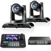 Tenveo Kit Telecamera PTZ e Controller - 2 Telecamere NDI 4K con Zoom Ottico 20X e AI Tracking (LAN/HDMI/USB3.0), Controller Joystick NDI con Schermo Quadruplo da 7 e Switch di Rete PoE Gigabit
