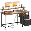 VASAGLE Scrivania per Computer con Cassetti in Tessuto, Supporto per Monitor, Scrivania da Ufficio, 2 Prese AC, 2 Porte USB-A, 140 x 60 cm, Marrone Vintage LWD094K02V1