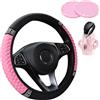 Rdunulioo 4 Pezzi Set di Accessori per Auto da Donna Rosa per Interni con Coprivolante, Copertura per Manopola Cambio, Sottobicchiere Portabevande, Accessorio per Auto per la Maggior Parte delle Auto (Rosa)