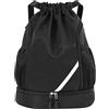 MJFENDAI Sacca sportiva con coulisse, zaino regolabile con coulisse, borsa sportiva per bambini, con scomparto per palla, impermeabile, per adulti, giovani, sport e viaggi, Nero , L