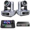 Tenveo Kit Telecamera PTZ e Controller - 2 Telecamere NDI PTZ 4K con Auto-Tracking AI 20X, SDI/HDMI/USB3.0/LAN(PoE) e 1 Controller Joystick NDI con Quad-Screen da 7" + PoE Switch per Live Streaming