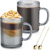Anhow Tazze Colazione con Cucchiaio, 2 Pezzi Tazzine Caffe Vetro 350 ml Tazze Cappuccino Bicchieri Acqua Vetro per Latte, Caffè, Avena, Yogurt, Fiocchi D'avena - Grigio
